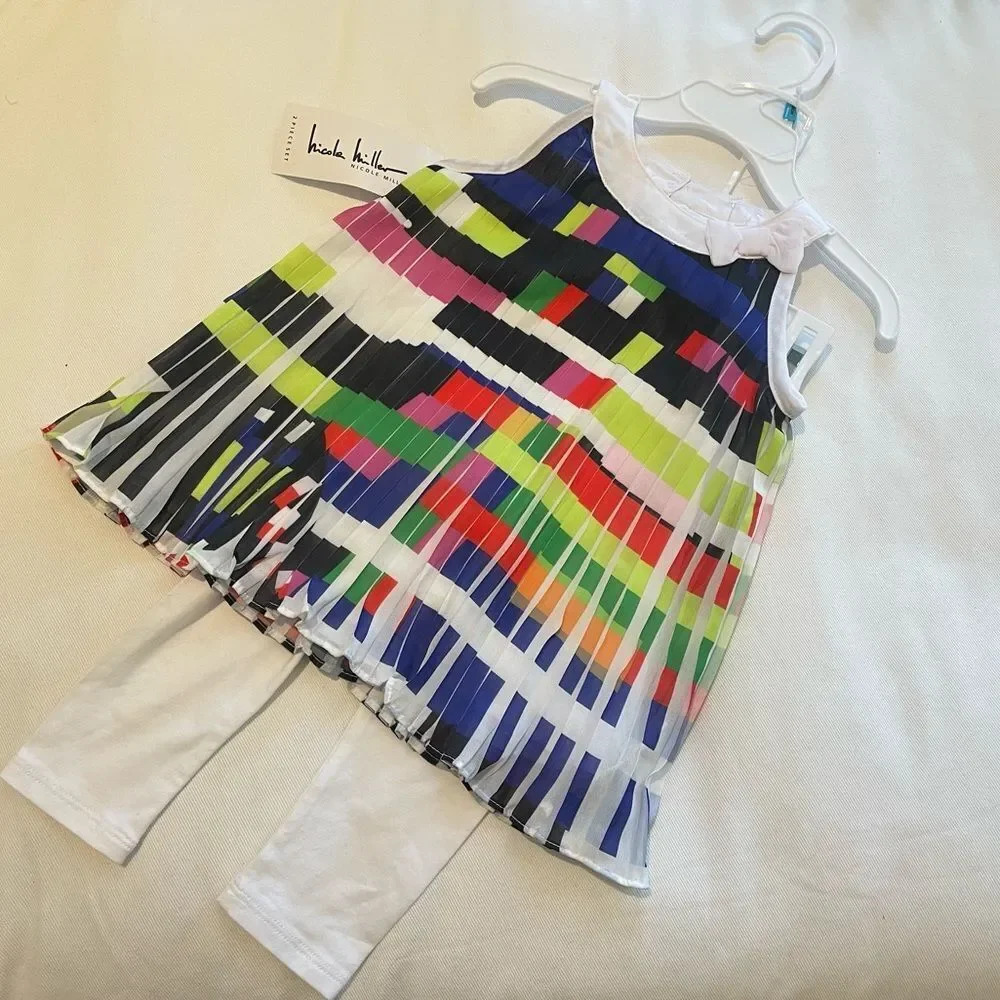 Nicole Miller baby girl 24m pleated colourful dress / white leggings combination